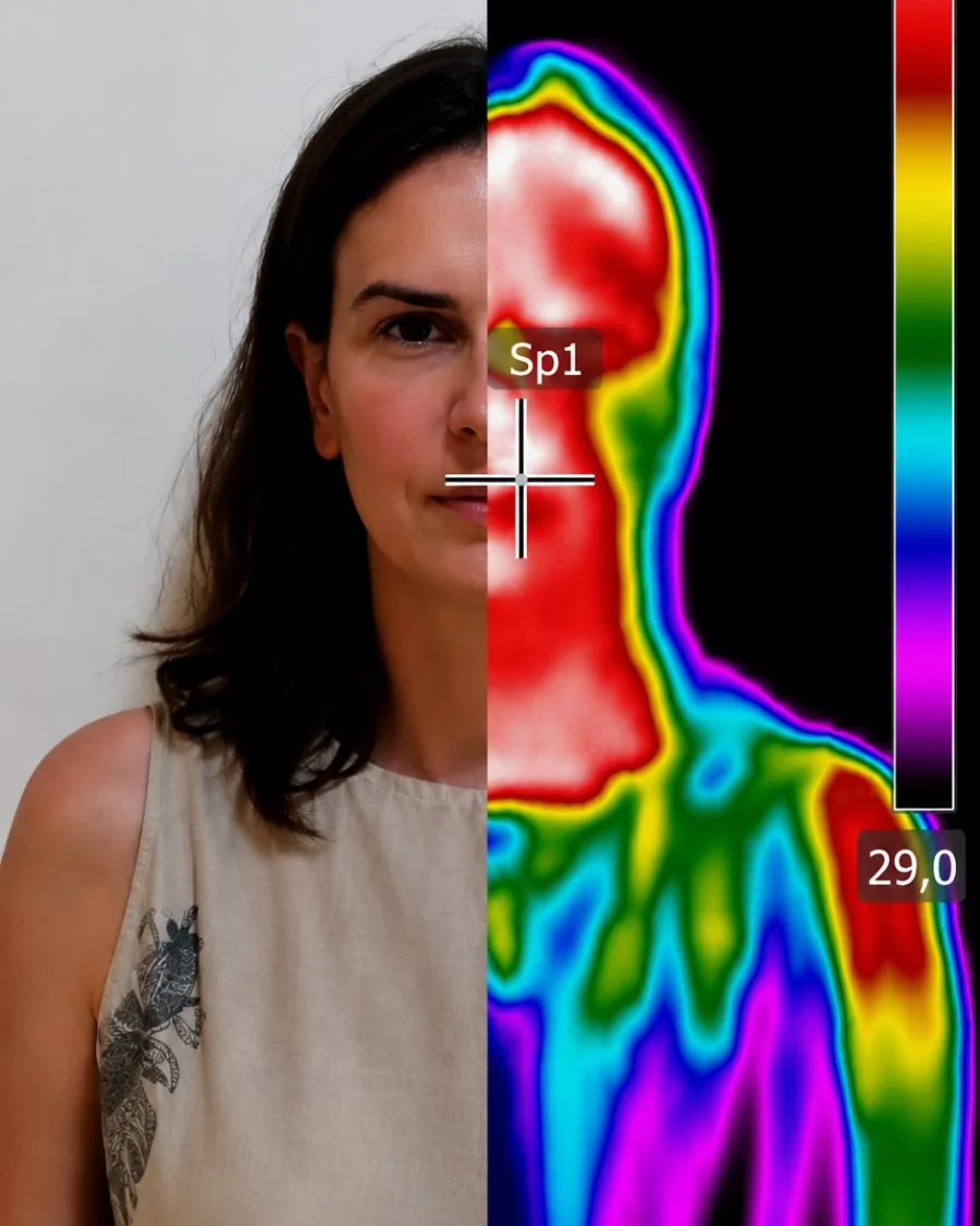 Exemplo de termografia: metade do rosto e do ombro em foto comum e metade na imagem térmica, em cores